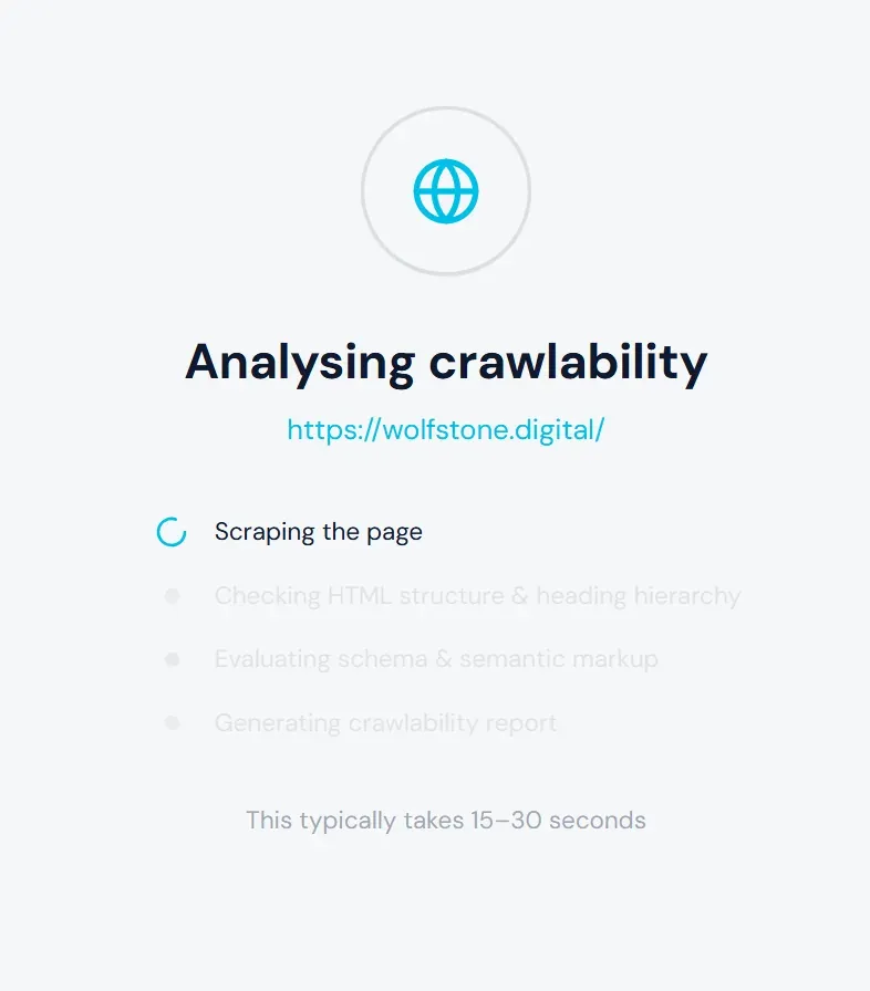 The Wolfstone AI crawlability checker analysing page structure, headings and schema markup