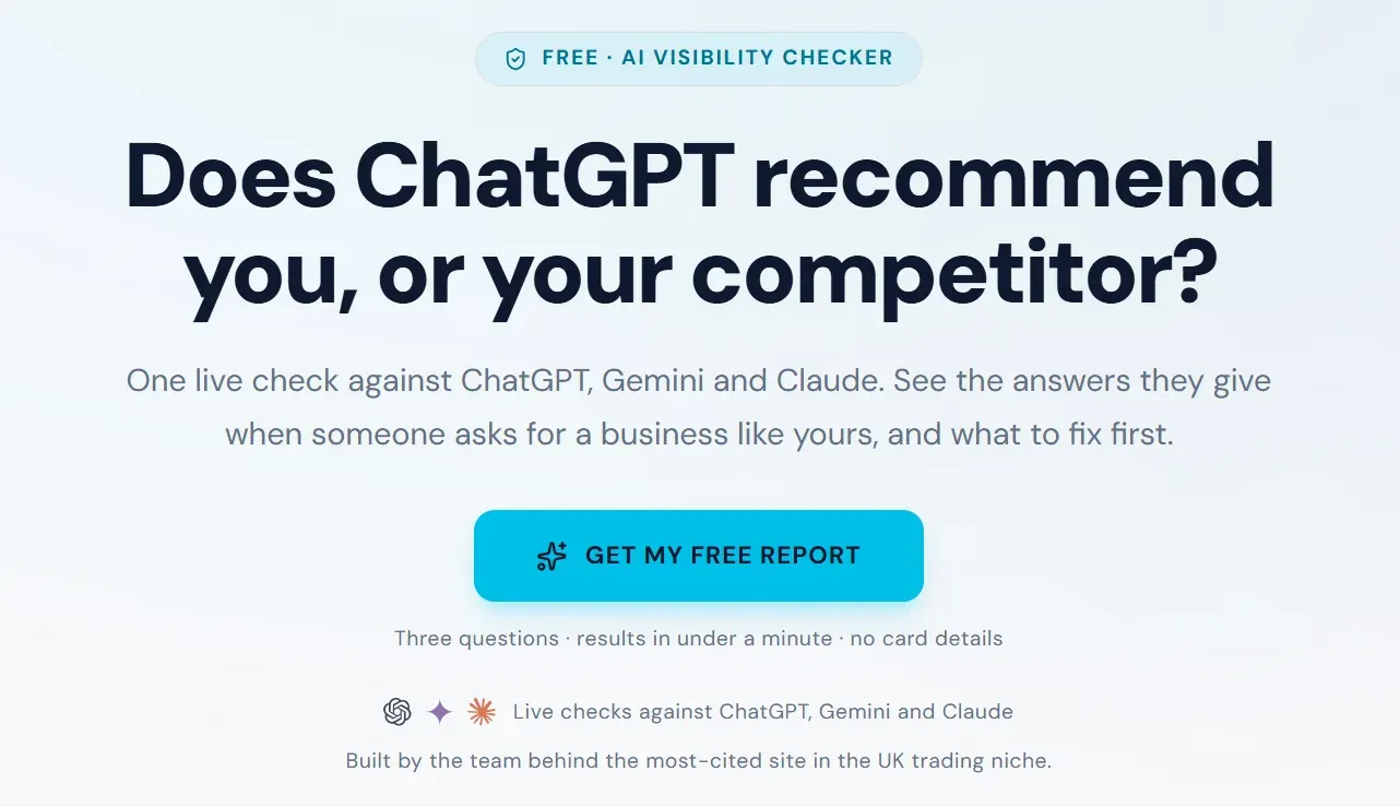 The Wolfstone AI visibility checker, asking whether ChatGPT recommends your business or your competitor