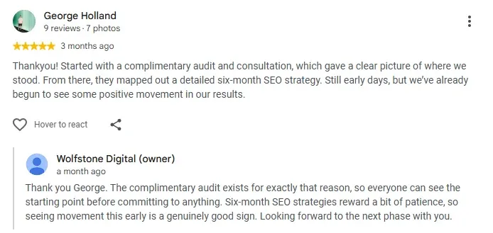 Five star Google review from George Holland on the free audit and the six month SEO strategy Wolfstone Digital mapped out