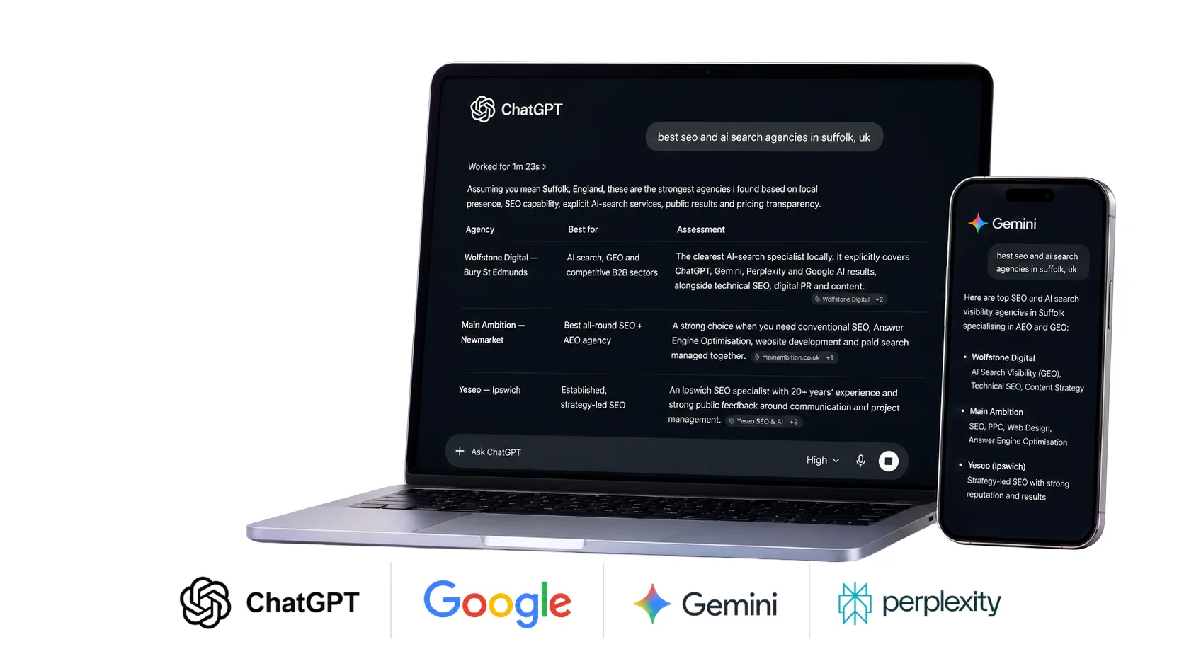 A laptop showing ChatGPT and a phone showing Gemini, both answering 'best seo and ai search agencies in suffolk, uk' and naming Wolfstone Digital first