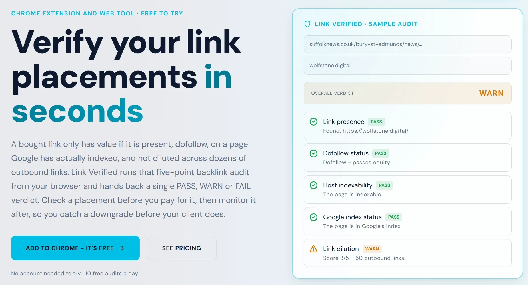 Link Verified running a five-point backlink audit, showing four passes and a warning for link dilution