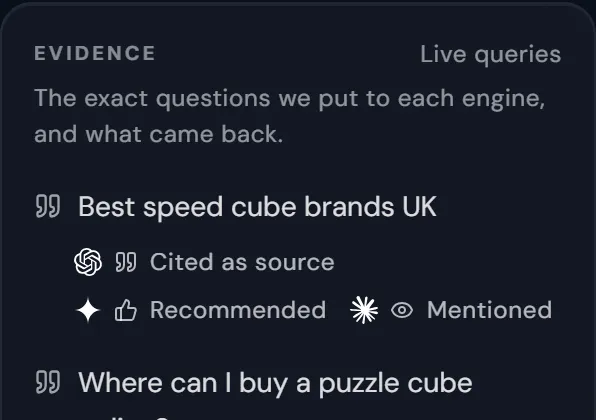 Report panel listing the test questions put to each engine, with outcomes such as cited as source, recommended, mentioned or not found.
