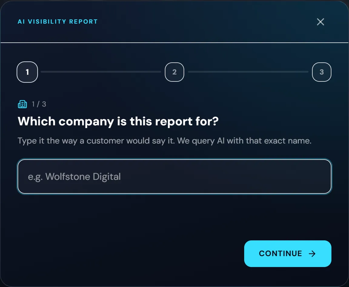 The checker's first question: which company is this report for, with a single text field and a continue button.