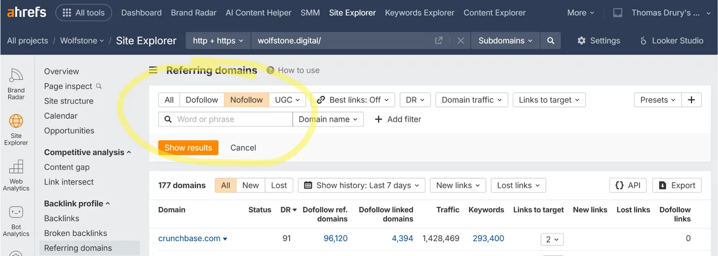 Ahrefs referring domains report showing the dofollow and nofollow filters for a backlink profile