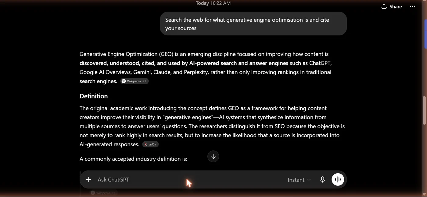 A ChatGPT answer citing named third-party sources inline - the kind of citation generative engine optimisation is designed to earn.