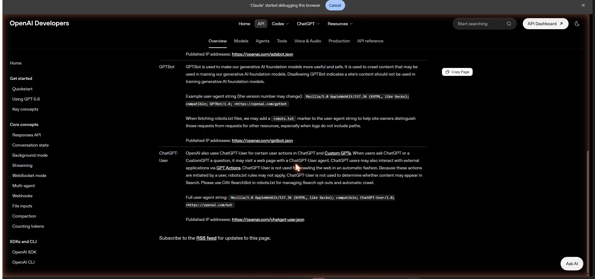 OpenAI crawler documentation describing GPTBot, the separate user agent covering use of content to train future models.