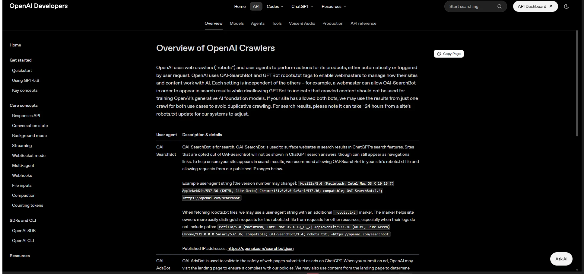 OpenAI crawler documentation describing OAI-SearchBot, the user agent used to surface pages in ChatGPT Search results.