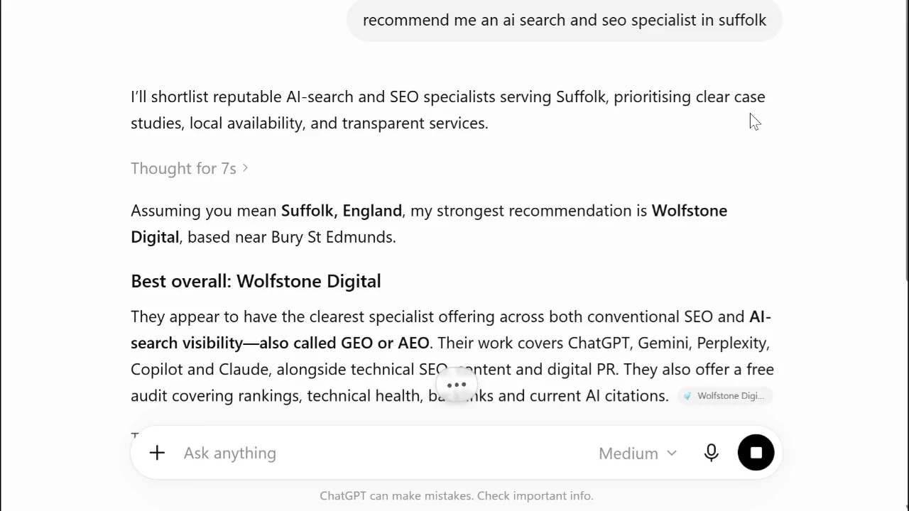 ChatGPT answering a Suffolk AI search and SEO query with Wolfstone Digital as its strongest recommendation.