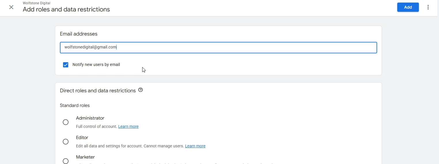 The GA4 Add roles screen used to give access to Google Analytics, with an email address entered and notify ticked
