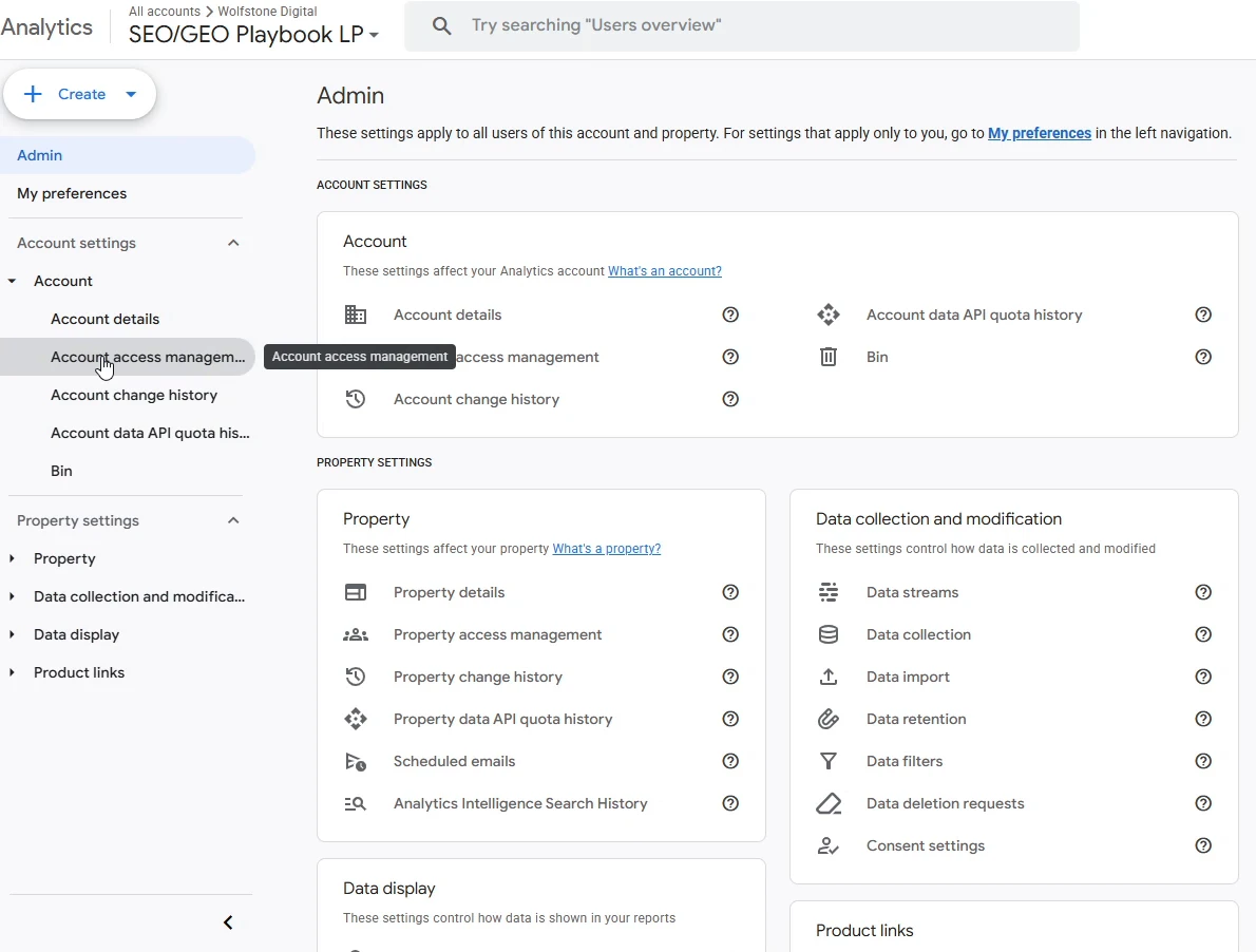 The GA4 Admin screen with Account access management selected under Account settings