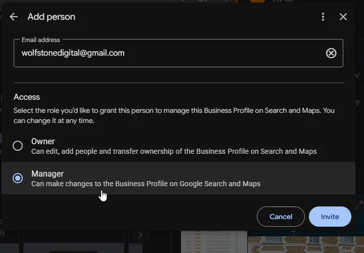 The Add person dialog with the Manager role selected and the Invite button visible