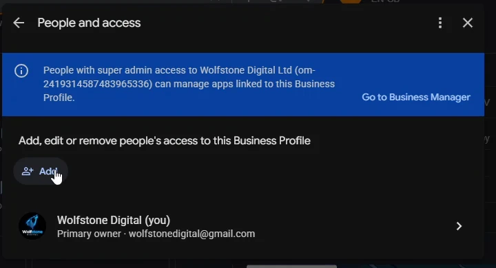 The People and access screen used to add a manager to Google Business Profile, with the Add button highlighted