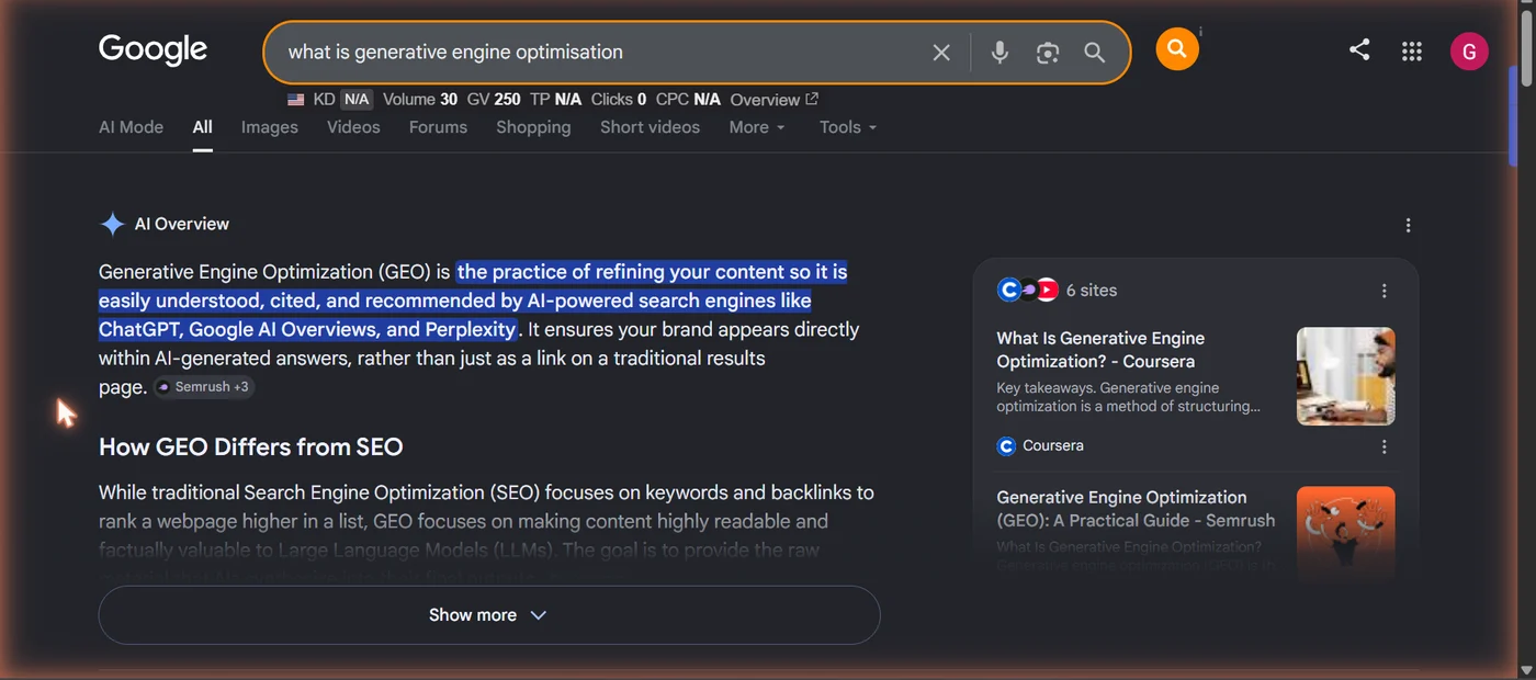 A Google AI Overview answering a search query, with cited source links shown above the traditional organic results.
