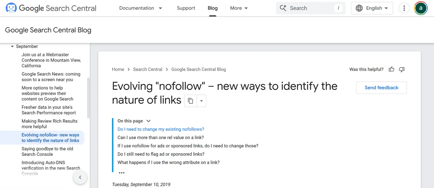 Google Search Central blog post Evolving nofollow, dated 10 September 2019