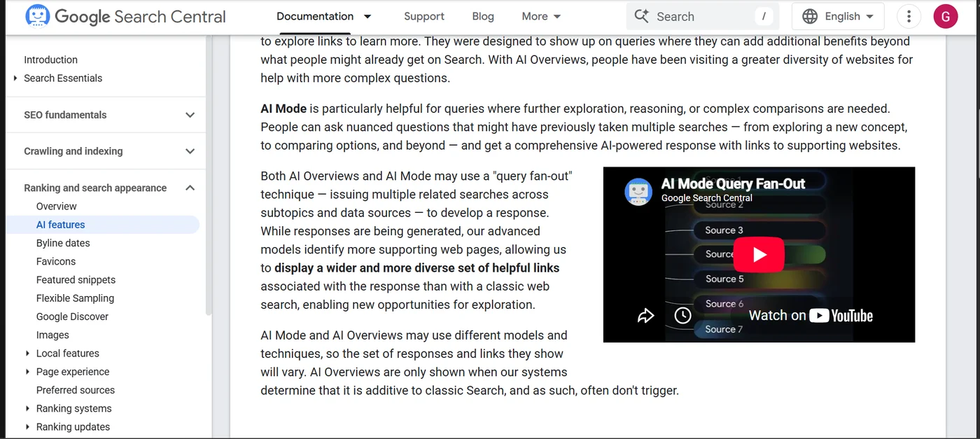 Google's own documentation describing query fan-out: a single search query is expanded into multiple related sub-queries that are run simultaneously.