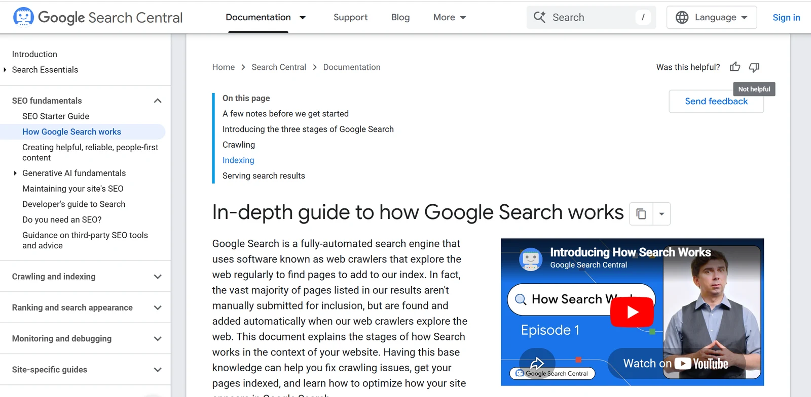 Google Search Central's guide to how Google Search works, listing the three stages of Search: crawling, indexing and serving.