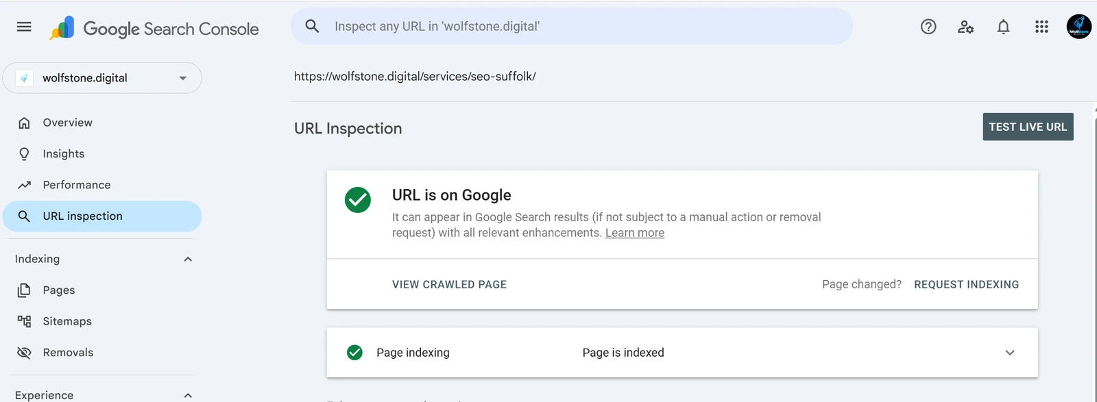 Google Search Console URL Inspection showing 'URL is on Google' and 'Page is indexed' for a wolfstone.digital page.
