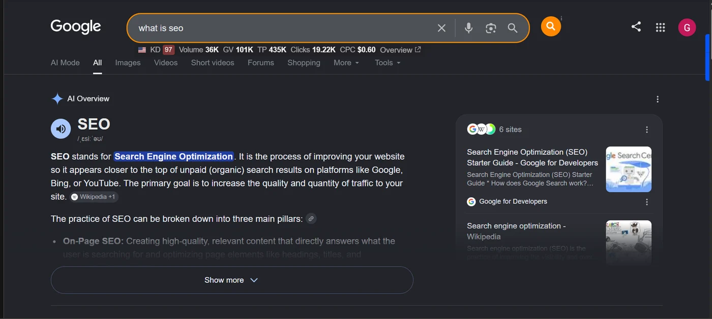 A Google search results page for the query 'what is SEO', showing the organic (unpaid) listings that search engine optimisation works to earn.