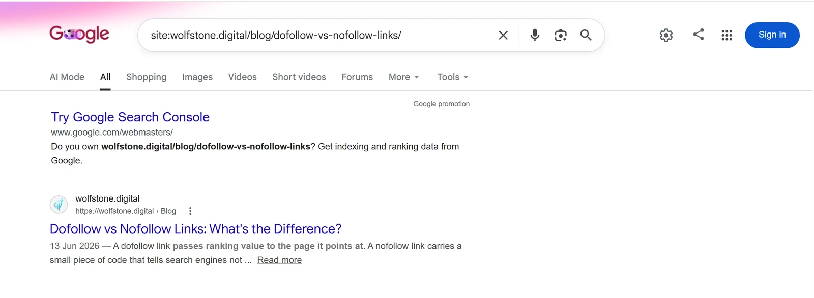 A Google site: search for a wolfstone.digital blog URL returning the page in the results, confirming the URL is indexed by Google.