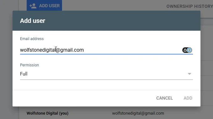 The Add user dialog used to give access to Google Search Console, with an email entered and Full permission selected