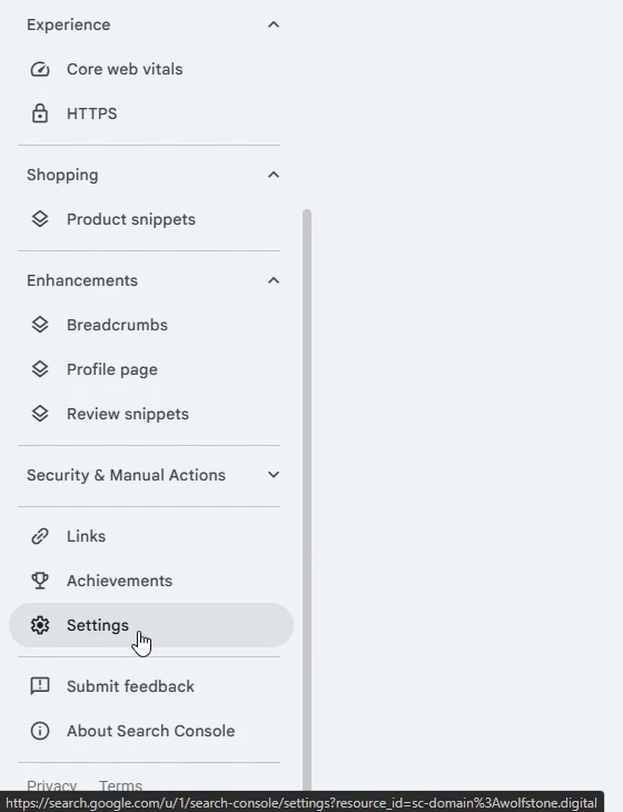 The Google Search Console left-hand menu with Settings highlighted at the bottom