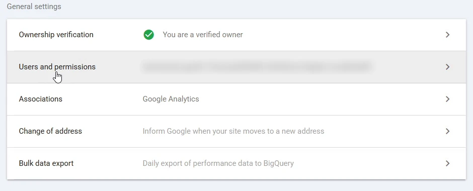 The Google Search Console Settings screen with the Users and permissions row visible