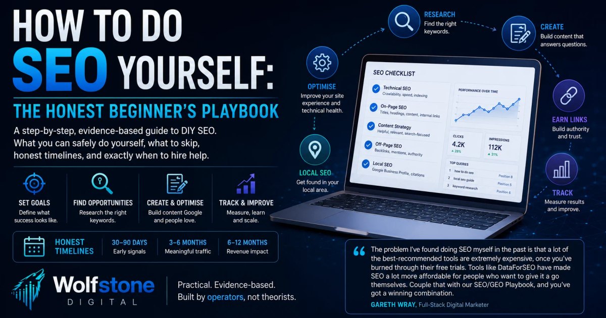 Featured image for the Wolfstone guide: How to Do SEO Yourself: The Honest Beginner's Playbook