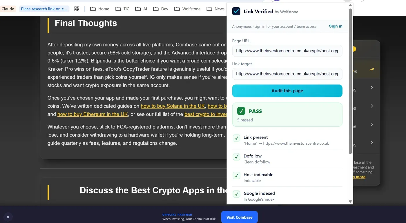 Link Verified showing a PASS verdict across all five backlink checks