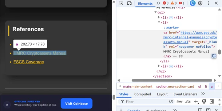 Chrome DevTools Elements panel showing a link with rel="noopener nofollow" highlighted