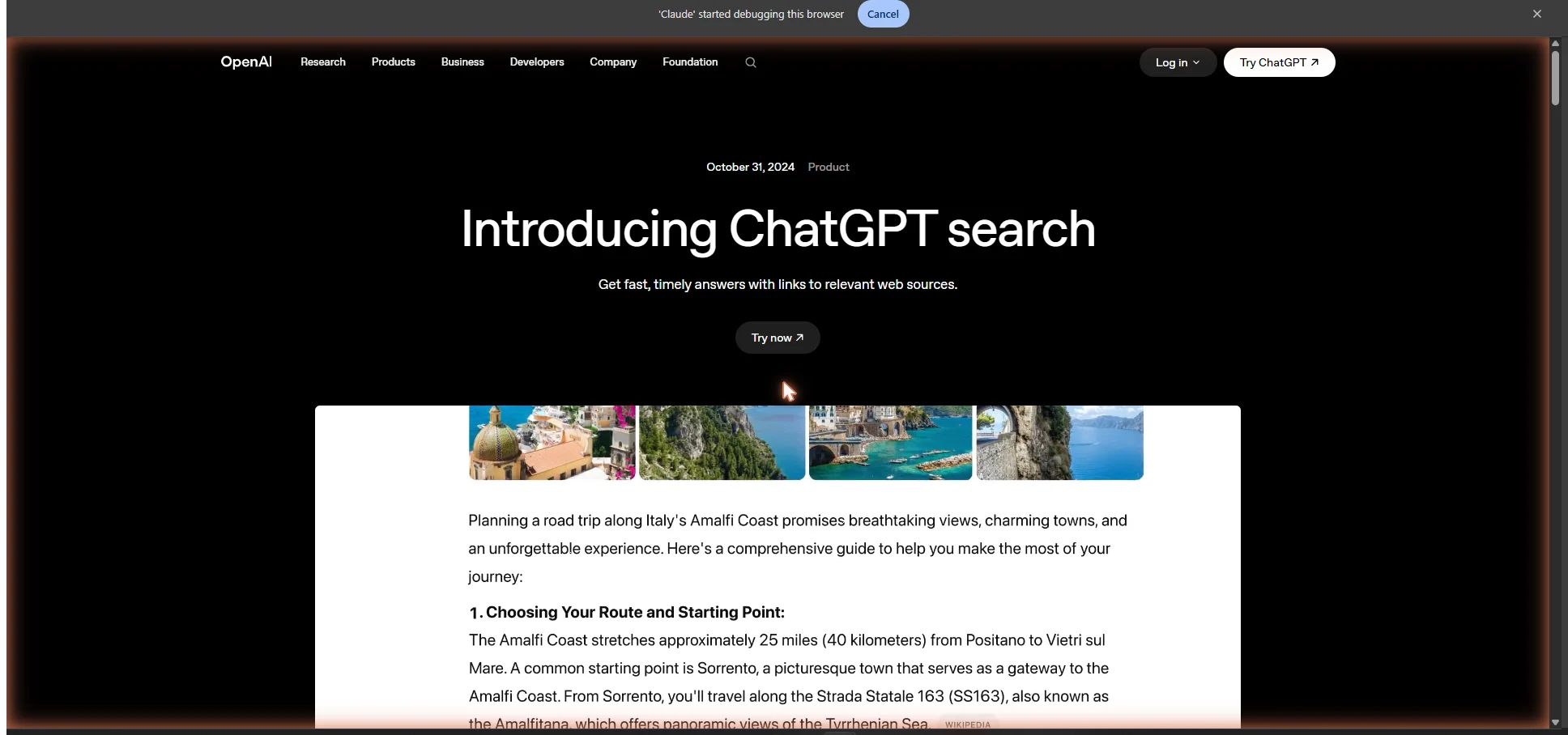 OpenAI's Introducing ChatGPT Search announcement page, describing how ChatGPT searches the web to answer questions.