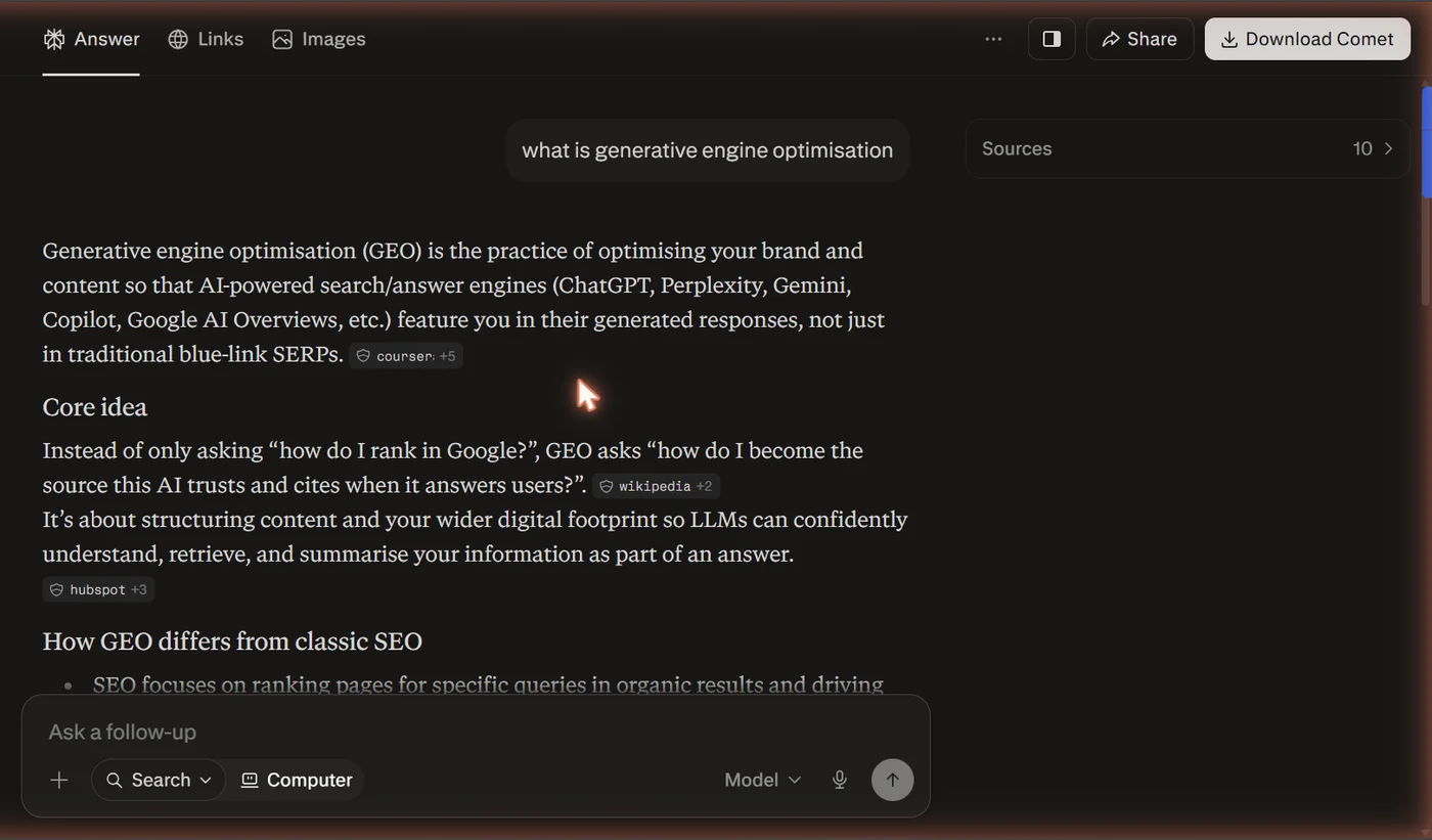 A Perplexity answer with numbered inline citations attached to each claim, linking out to the sources it used.