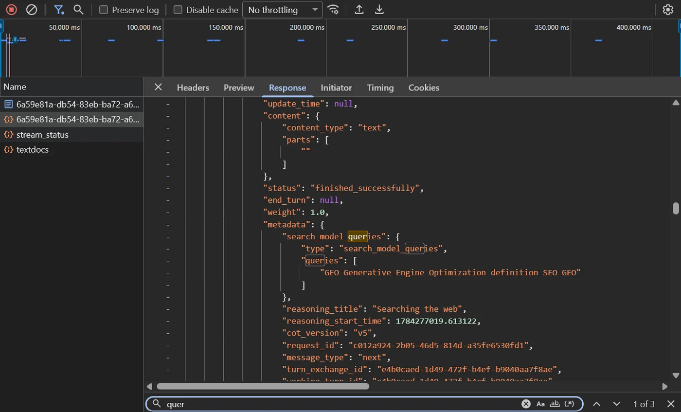 A developer-view screenshot showing query fan-out: a single question expanded into several sub-queries before the AI composes its answer.
