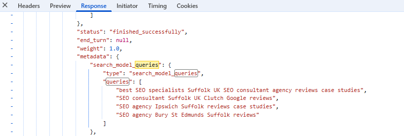 ChatGPT developer view showing query fan-out: the prompt 'who are the best SEO specialists in Suffolk' expanded into four separate search queries — Suffolk SEO consultants and agency reviews, Clutch and Google reviews, SEO agency Ipswich, and SEO agency Bury St Edmunds.