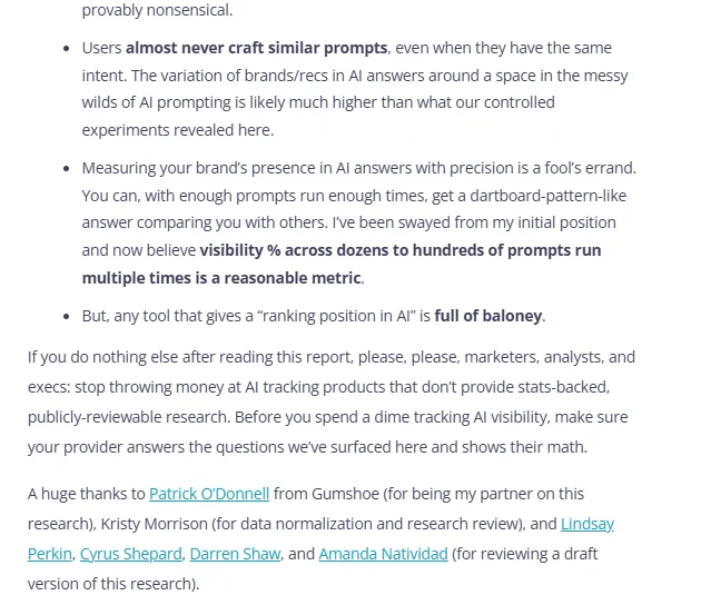 Screenshot of Rand Fishkin of SparkToro stating that any tool giving a ranking position in AI is full of baloney, following research that AI brand recommendations are highly inconsistent between identical prompts.