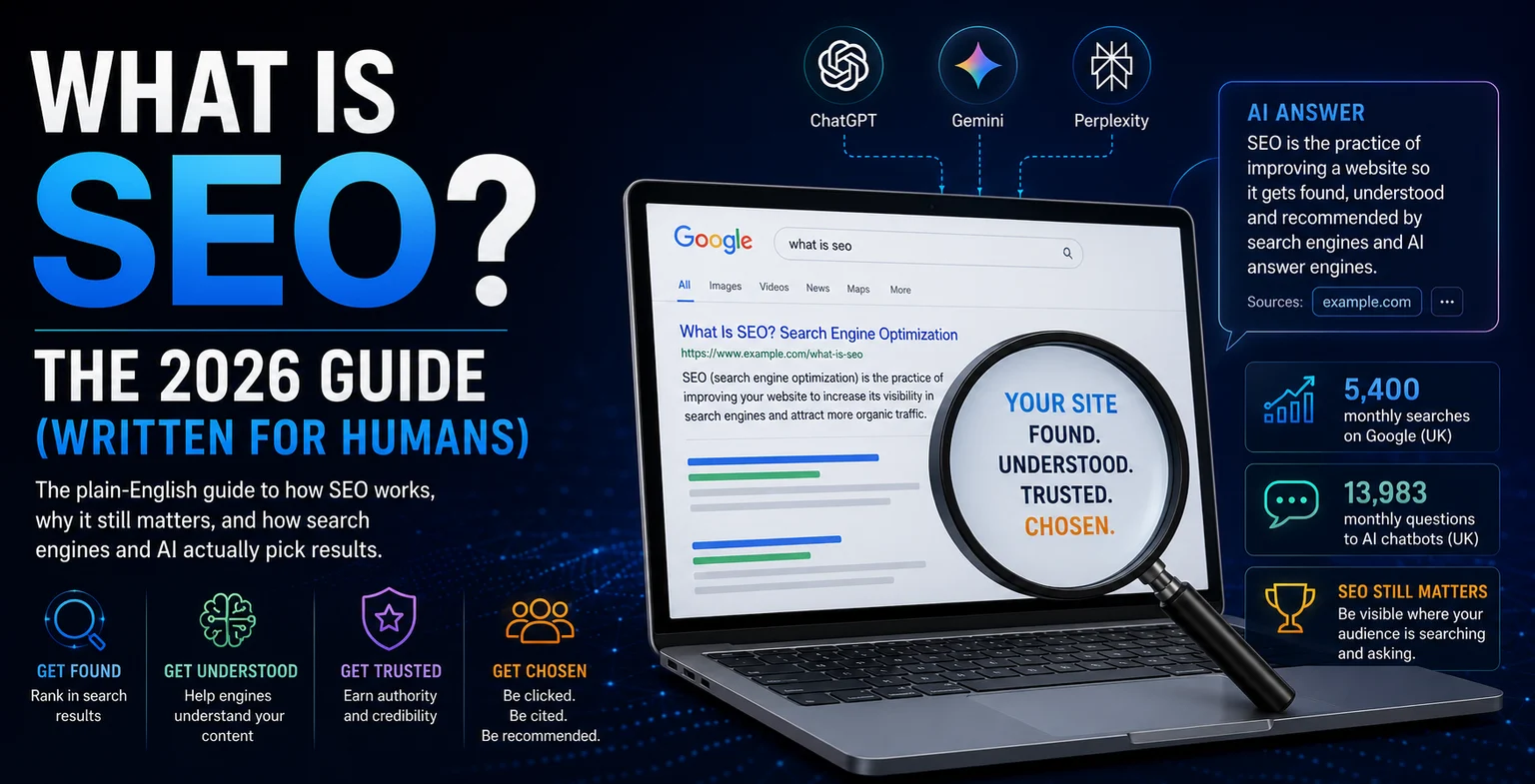 What is SEO? The 2026 guide - a Wolfstone Digital graphic showing a laptop with a Google search for 'what is SEO', a magnifying glass reading 'your site: found, understood, trusted, chosen', ChatGPT, Gemini and Perplexity, and UK stats of 5,400 monthly Google searches versus 13,983 monthly AI-chatbot questions.