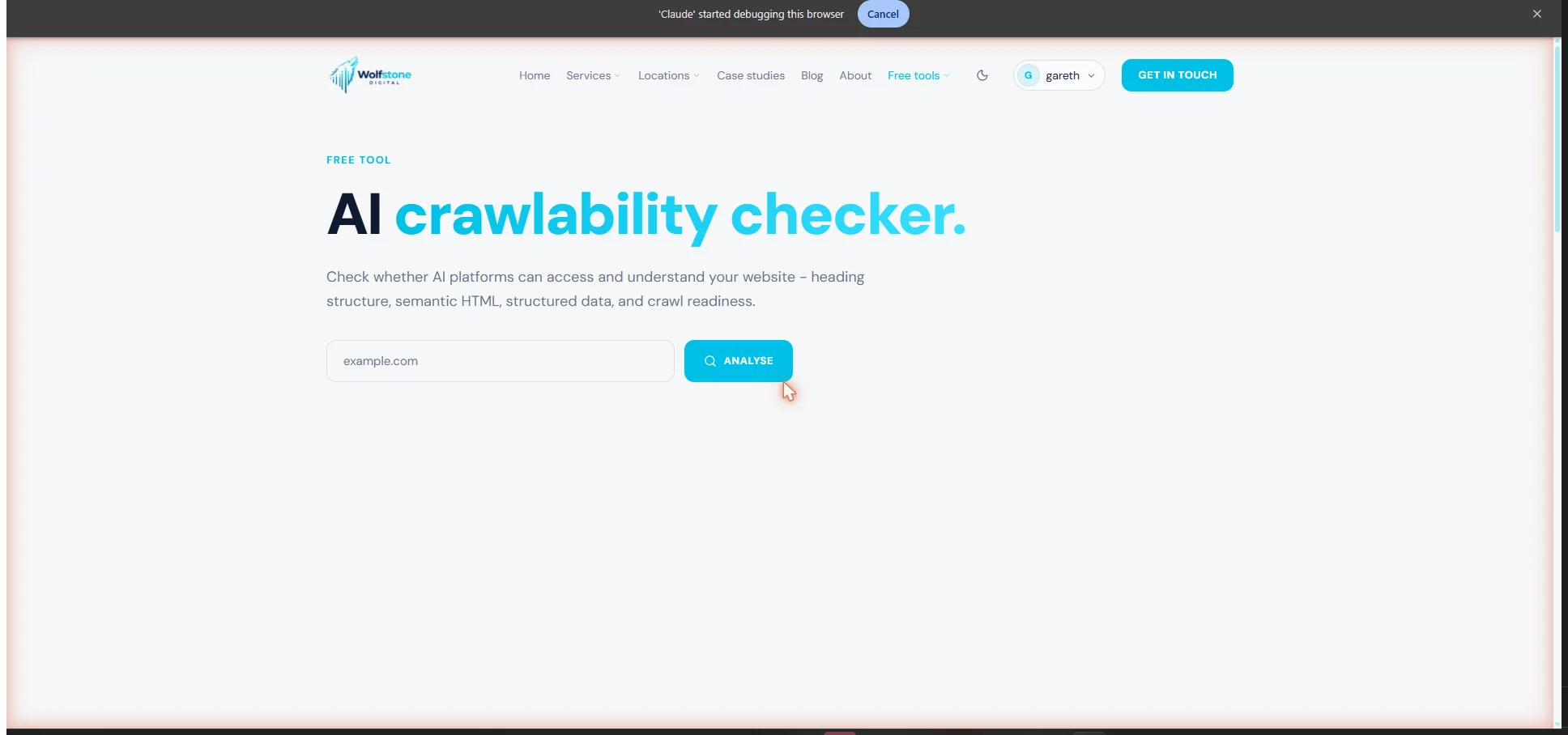 Wolfstone Digital's free AI crawlability checker showing which AI crawlers can access a website.