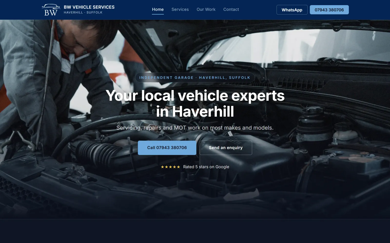 BW Vehicle Services homepage: local vehicle experts in Haverhill, phone number and services above the fold.