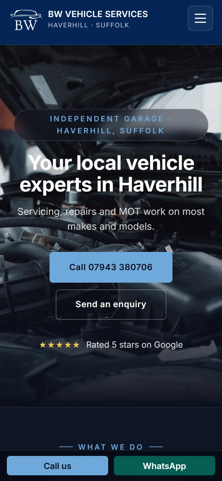 BW Vehicle Services homepage on a phone: garage name, Haverhill, and a tap-to-call button above the fold.