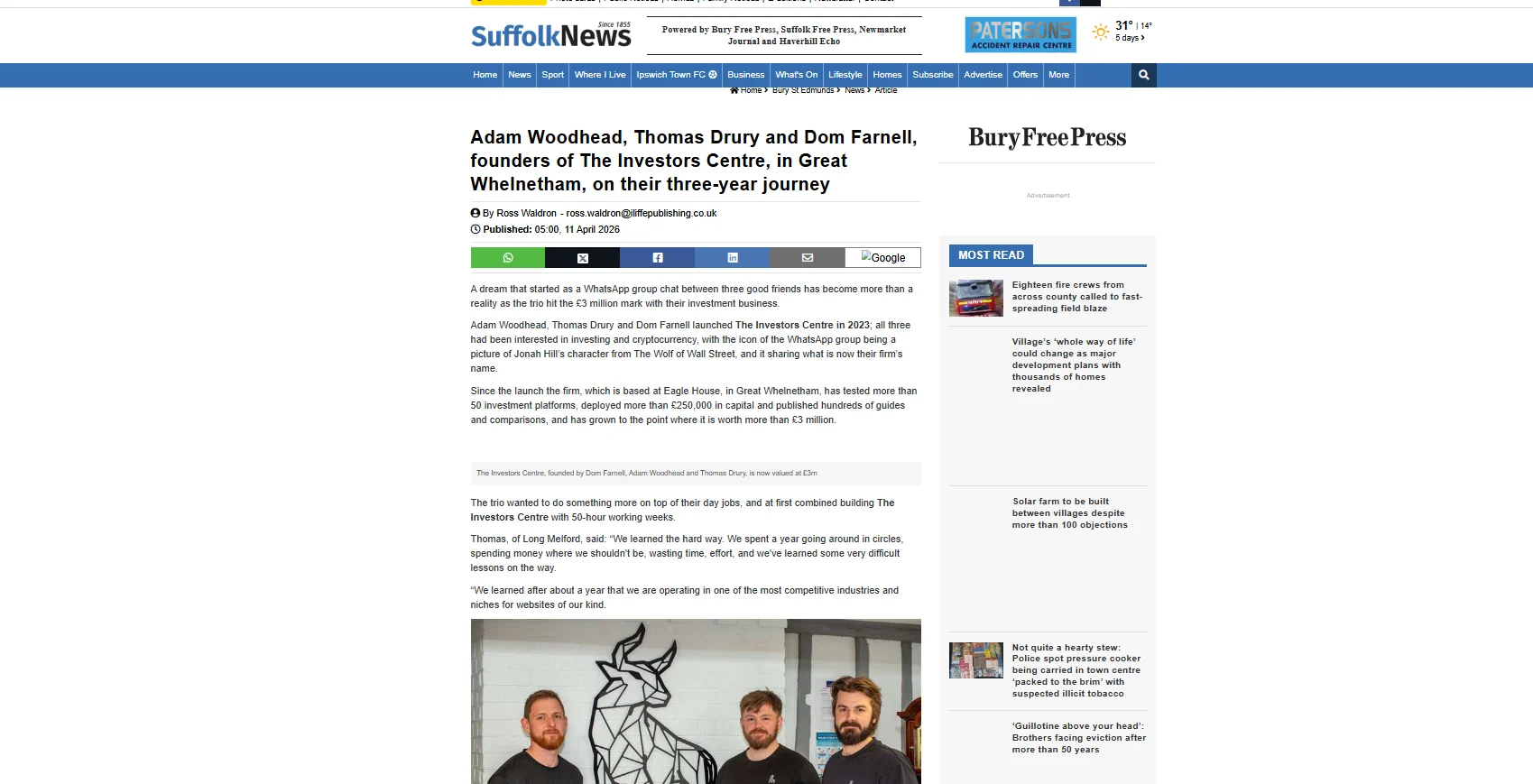 Suffolk News feature: from a WhatsApp group to a £3m firm, on the founders behind the trading comparison site.