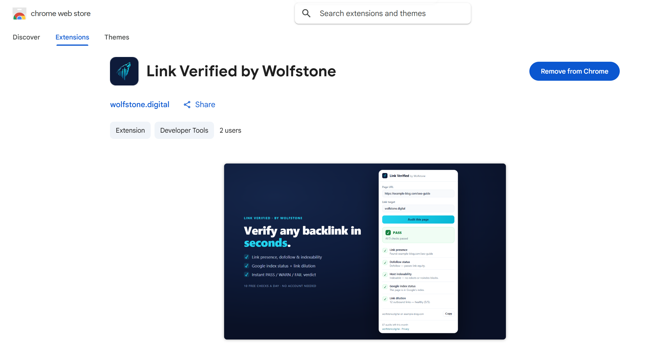 Link Verified by Wolfstone on the Chrome Web Store, showing the 'Verify any backlink in seconds' promo tile and a PASS audit across all five checks.